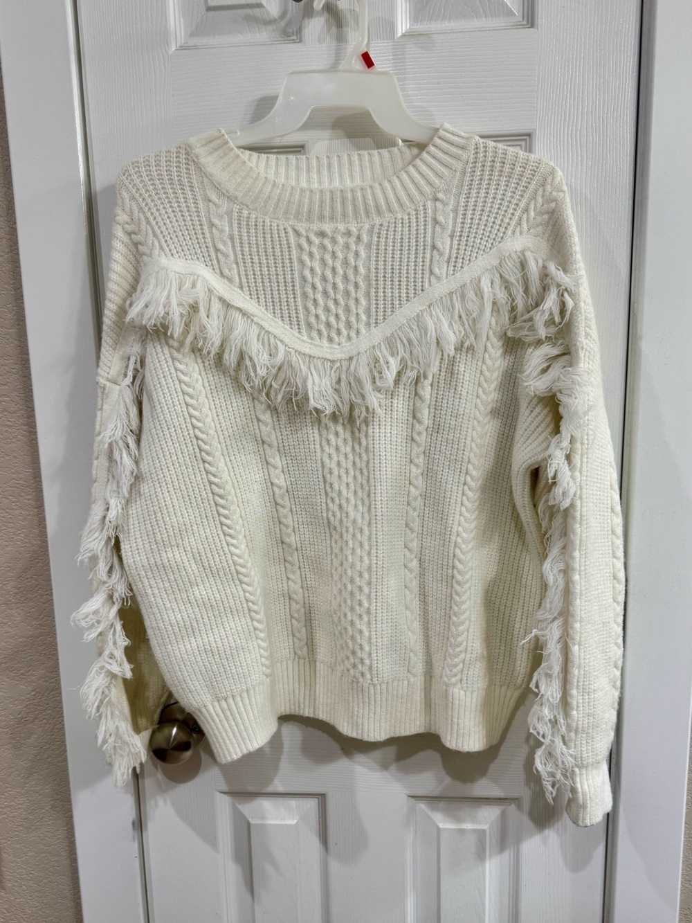 Avantlook Ivory Fringe Cable Knit Crew Sweater
